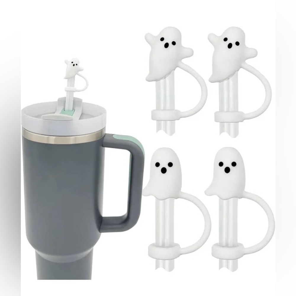 Cute Ghost Silicone Straw Toppers For Stanley Cup & Water Bottles - 4 Pack